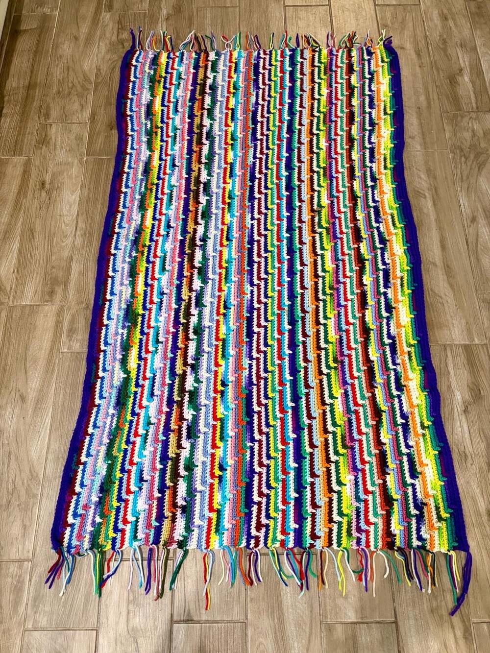 Handmade Crochet Afghan Blanket Multicolor Zigzag Fringe Throw